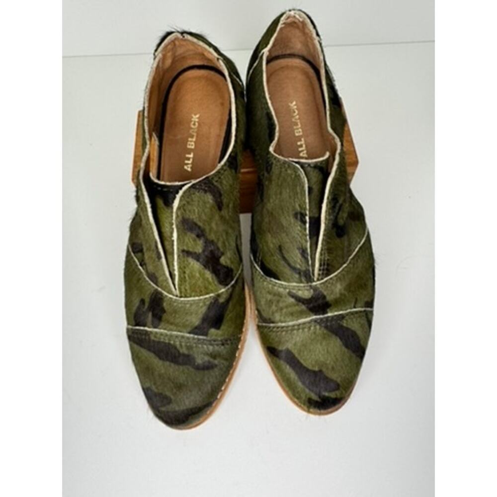 ALL BLACK Women's Camo Haircalf Cutout Flats Size 37 Green Loafer Style Shoes